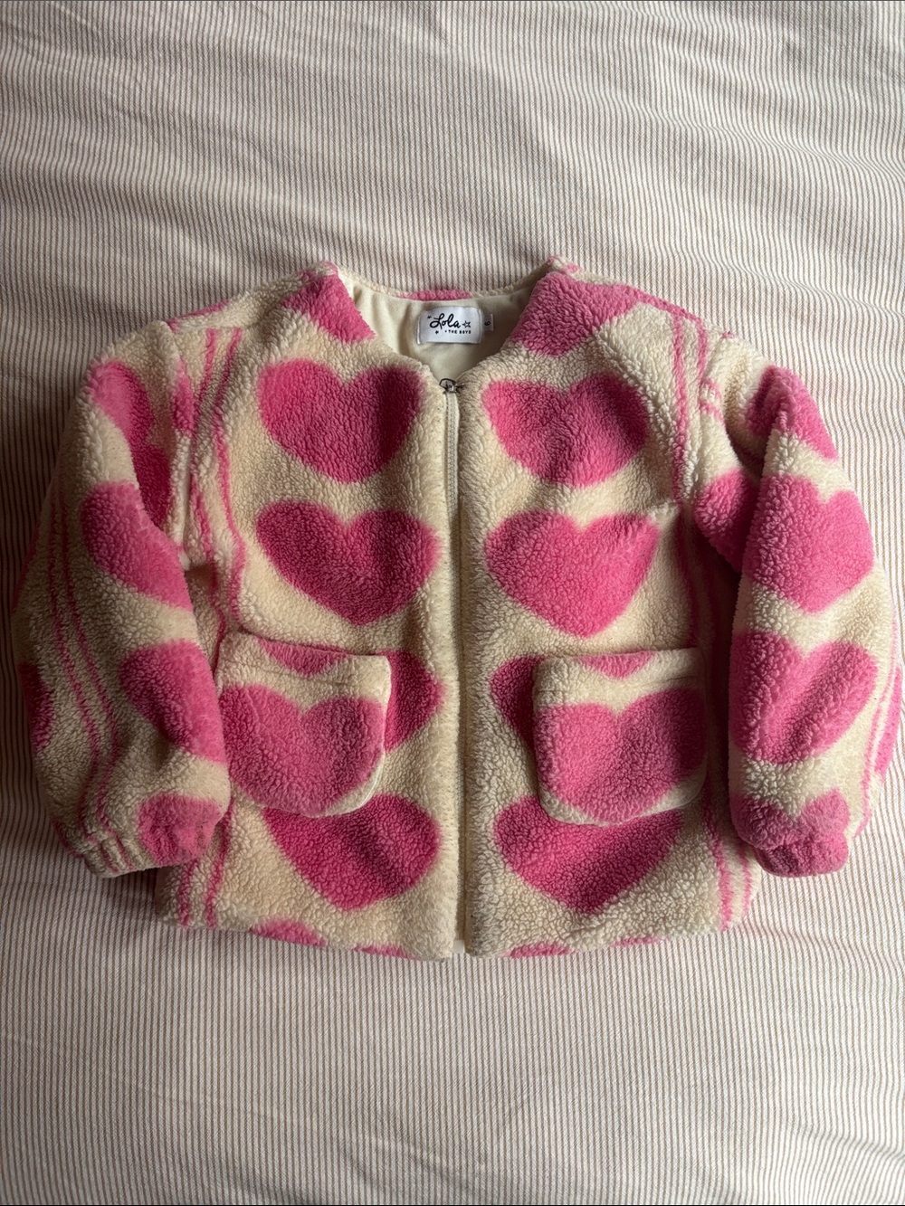Lola + The Boys Cream Sherpa Jacket with Pink Hearts sz6